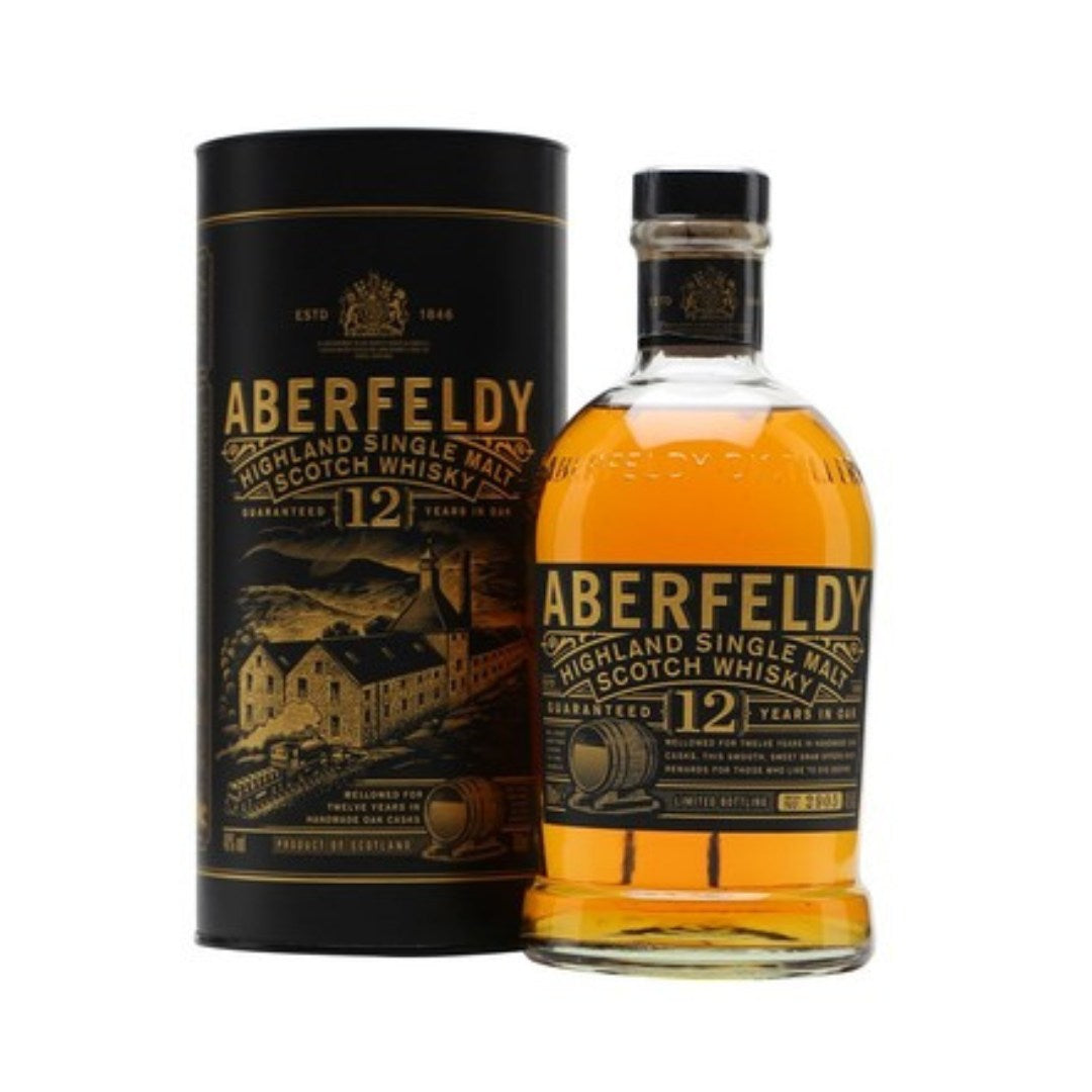 The classic 12 Year Old Aberfeldy single malt Scotch whisky, distilled in the Highlands. Mellowed for 12 years in handmade oak casks, this smooth, sweet dram offers rich rewards for those who like to DIG DEEPER. We lose a fair bit to the angels though, almost a third of every cask has disappeared into the ether before we’re ready to bottle. (source from distillery)&nbsp;