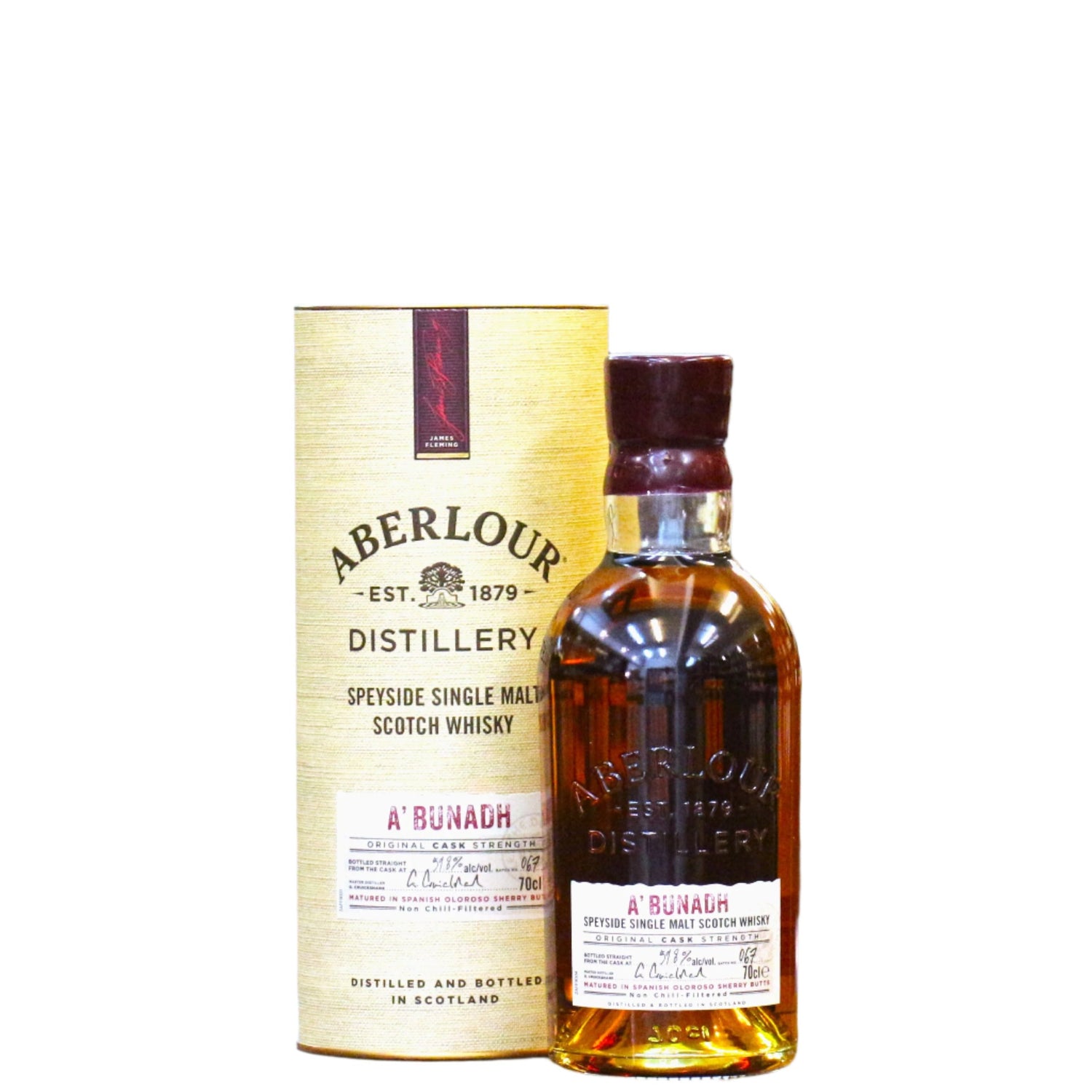 Matured exclusively in spanish oloroso sherry butts, this A'bunadh is the Batch 67 release from Aberlour. A'bunadh means "The Original" in Gaelic and is a respectful toast to the founder of Aberlour, James Fleming. Bottled at cask strength, this is an intensely rich sherried whisky. Aroma of spices, pralines, spiced oranges with a palate of black cherries, ginger and dark chocolate. The finish is long and balanced with hints of oak.