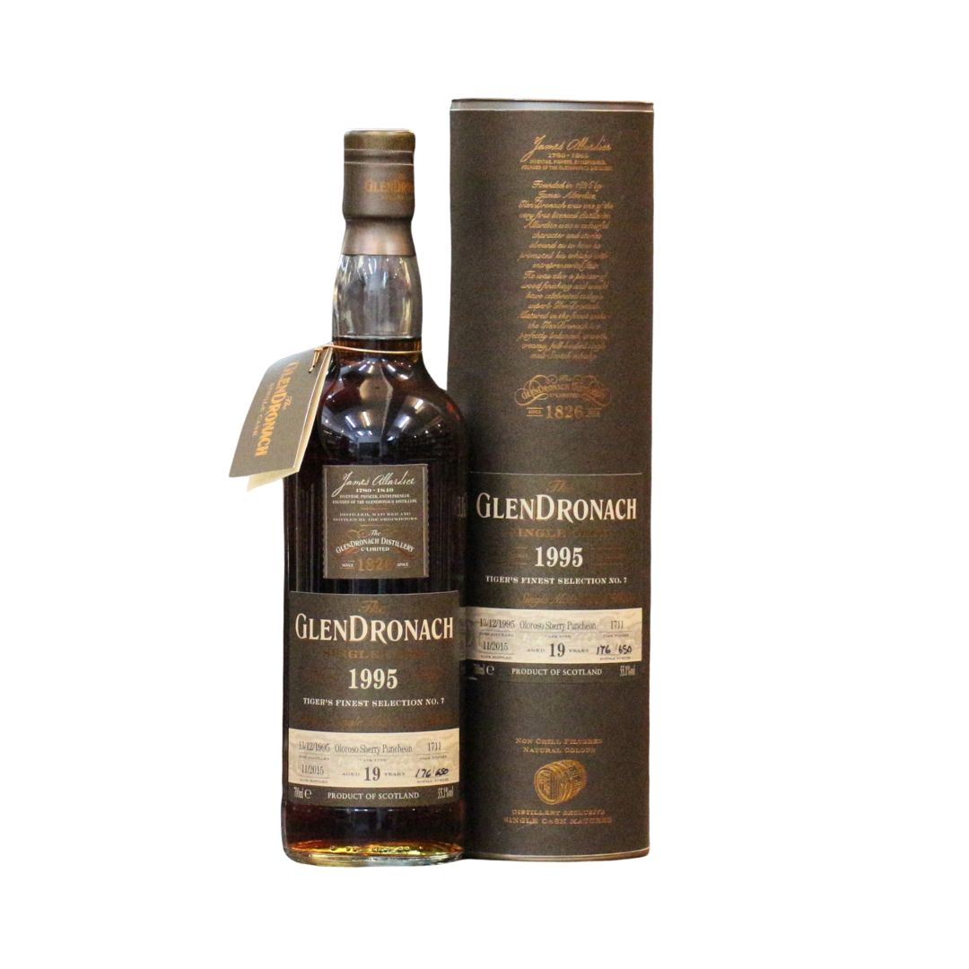 A 1995 Vintage Single Cask #1711 special bottling from the GlenDronach distillery, matured for 19 years in an&nbsp;Oloroso Sherry Puncheon Cask for "Tiger's finest selection No.7" and bottled at an impressive 55.1% ABV.