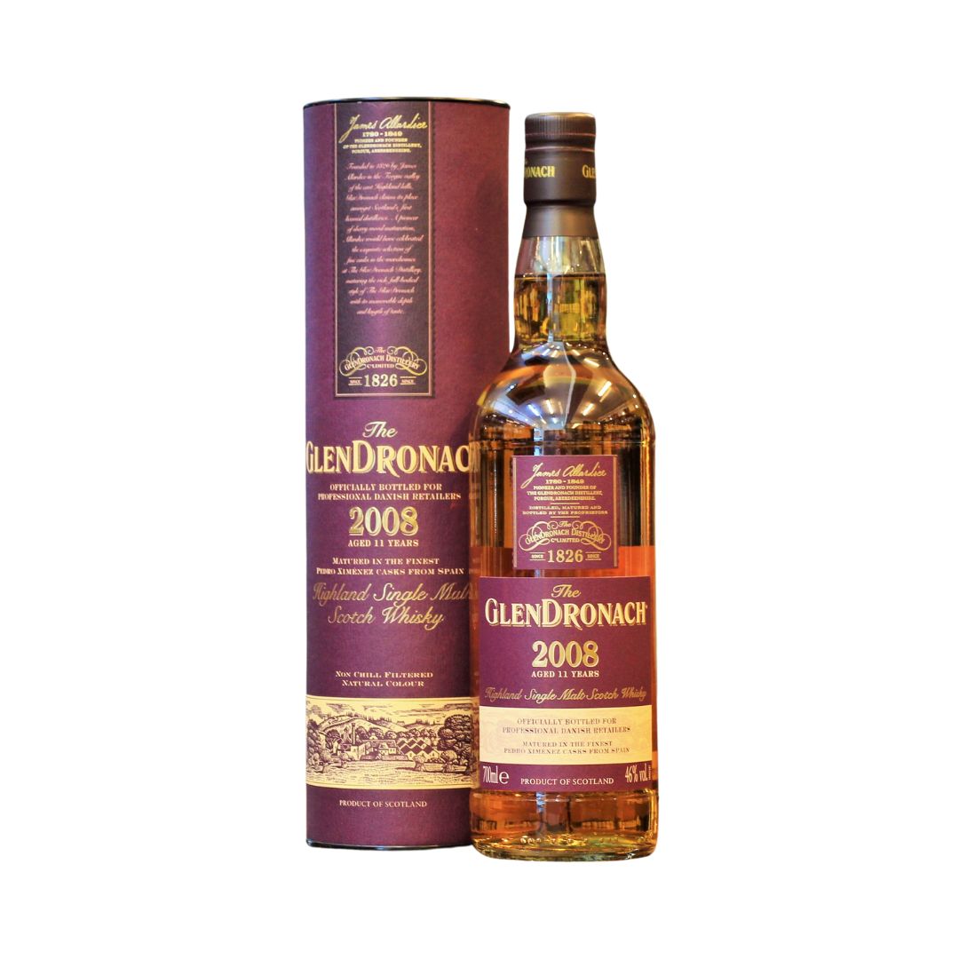 A 2008 Vintage special bottling from the GlenDronach distillery, matured for 11 years in Pedro Ximenez Sherry casks from Spain and selected by Rachel Barrie for the Professional Danish Retailers. With a&nbsp;burnished copper hue and aroma of honey, spices, hazelnut and raisins, the palate is rich in creamy malt, toasted oak, chocolates and honeycomb with a lingering finish of nutmeg and crystallized ginger. A limited release of about 3500 bottles in 2019.