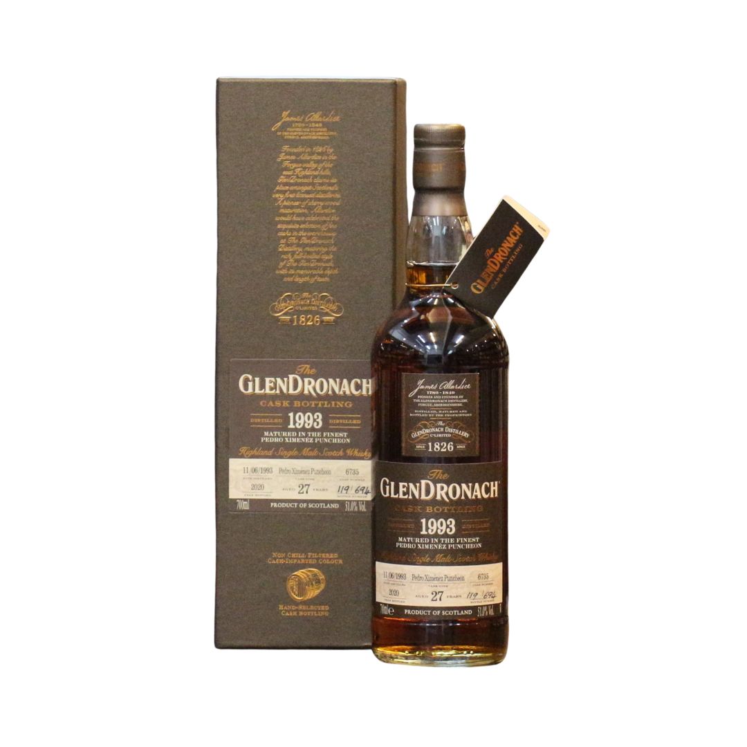 A 1993 Vintage special bottling from the GlenDronach distillery (11/06/1993), matured for 27 years in a Single Pedro Ximenex (PX) Sherry Puncheon Cask. Nose: Plum and blackberry liqueur with chocolate and hazelnut praline, and the warmth of freshly baked gingerbread. Appearance: Dark mahogany. Palate: Spiced fruitcake with treacle and angelica crescendos to demerara sugar, star anise and lingering espresso cream. (Producer's Tasting Notes).&nbsp;Limited to 692 bottles.