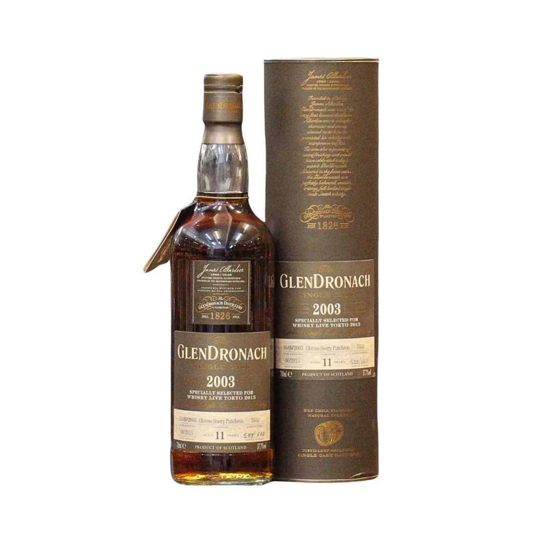 A 2003 Vintage Single Cask #5553 special bottling from the GlenDronach distillery, matured for 11 years in an&nbsp;Oloroso Sherry Puncheon Cask for Whisky Live Tokyo 2015&nbsp;and bottled as non chill filtered and natural color at an impressive 57.7% ABV.