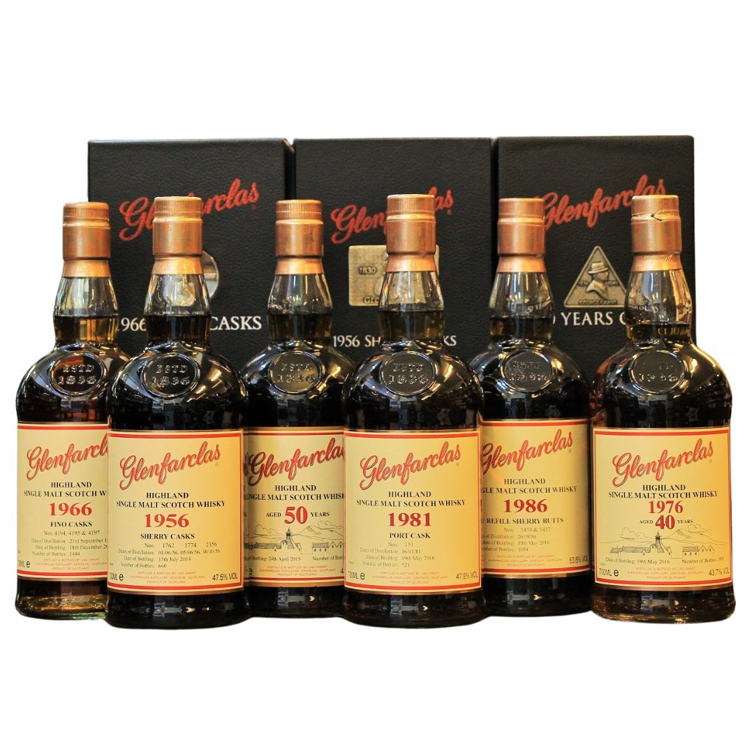 This Collectors Set comprises six extremely exclusive Whiskies, each representing one of six generations of the Grant Family. Please click on each individual bottle link to get any additional detail.&nbsp;Glenfarclas 1966 Fino Casks Collector Series I: Distilled on the 23rd September 1966 and bottled on 18th December 2013 from Fino Cask #'s 4194, 4195, and 4197.&nbsp;One of 1444, 50.5%, 70cl.&nbsp;Glenfarclas 1956 Sherry Casks Collector Series II: Distilled on 1st June 1956, 5th June 1956, and 30th October 