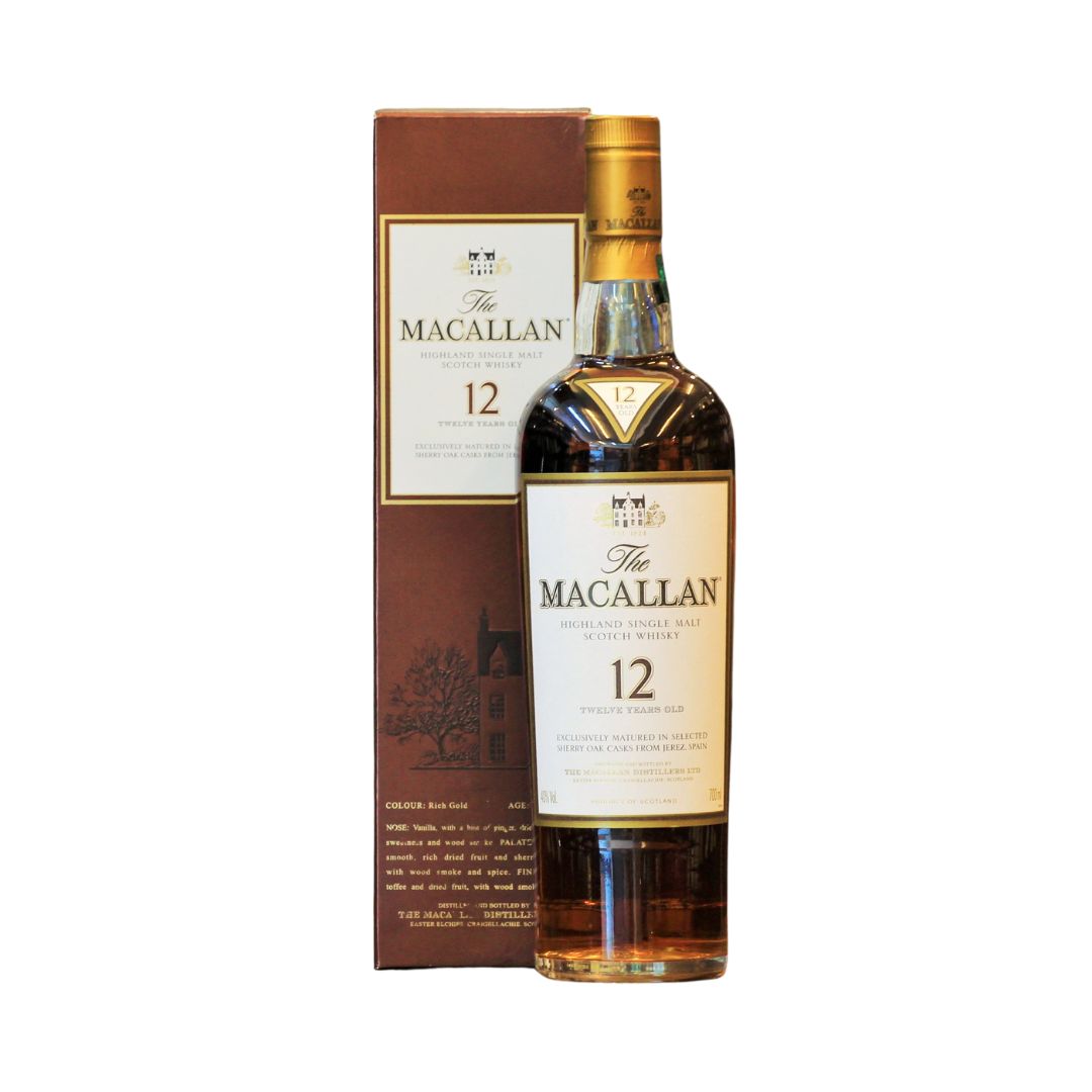 An old bottling of the Macallan Sherry Oak 12 Years Old is part of the esteemed Sherry Oak range, which showcases a selection of single malt whiskies exclusively matured in hand-picked, sherry-seasoned oak casks from Jerez, imparting richness and complexity. This 12 Years Old expression offers a mature character, delivering rich wood spice and dried fruits, along with a naturally rich gold color.