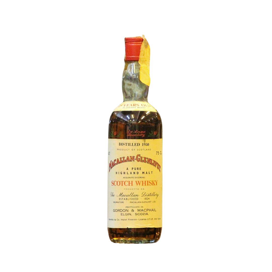 A rare &amp; vintage bottling of Macallan-Glenlivet 25 Year Old distilled in 1950, matured in sherry casks, and bottled by Gordon &amp; MacPhail in late 1970s for the Italian importer Pinerolo. During this period G &amp;,M were still the official bottlers for Macallan.
Rated 92+ on WhiskyBase over 18 reviews.