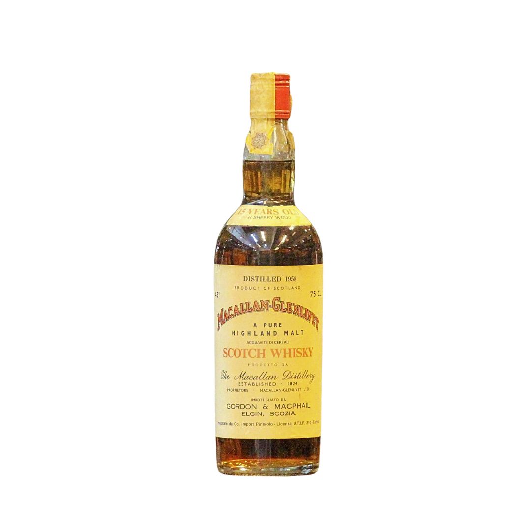 A rare &amp; vintage bottling of Macallan-Glenlivet 15 Year Old distilled in 1958, matured in sherry casks, and bottled by Gordon &amp; MacPhail for Italian importer Pinerolo.