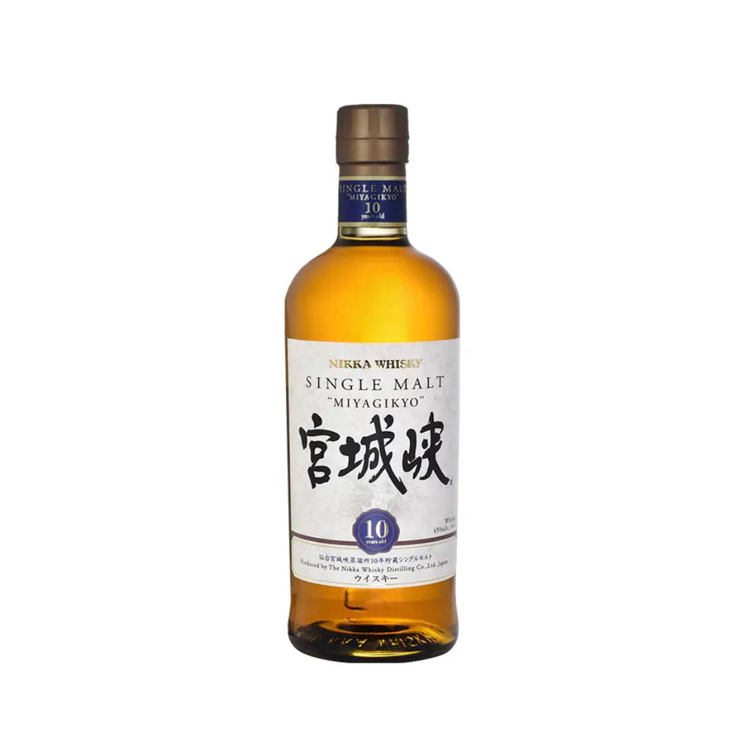 Miyagikyo 10 Years Single Malt Japanese Whisky is from the Miyagikyo distillery, founded by Masataka Taketsuru, the father of Japanese whisky. Located in Miyagi Prefecture, the distillery is renowned for its elegant, fruity whiskies made with various malted barleys and unique techniques. The whisky is distilled in traditional pot stills and matured in a mix of American oak, sherry, and other cask types, enhancing its complexity and richness.