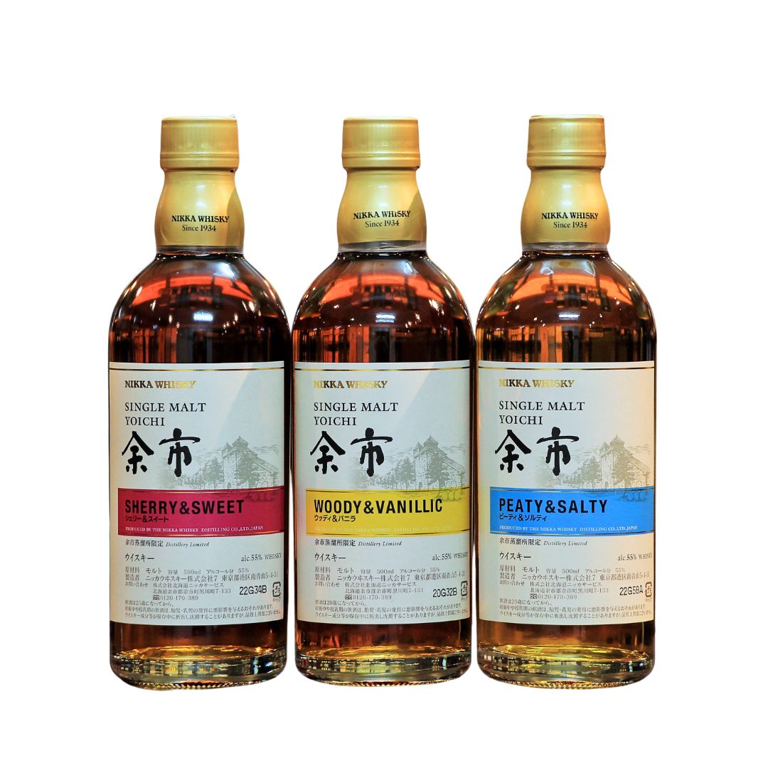 Nikka Distillery exclusive limited editions from Yoichi Distillery. This Yoichi Set features 3 different single malts, each has its own flavours, all of them are well known for strong, powerful and aromatic notes, and there are also a hint of peat smoke which are normally present in Yoichi’s whiskies.&nbsp;Woody &amp; Vanillic,&nbsp;Peaty &amp; Salty,&nbsp;Sherry &amp; Sweet. No box is available.&nbsp;