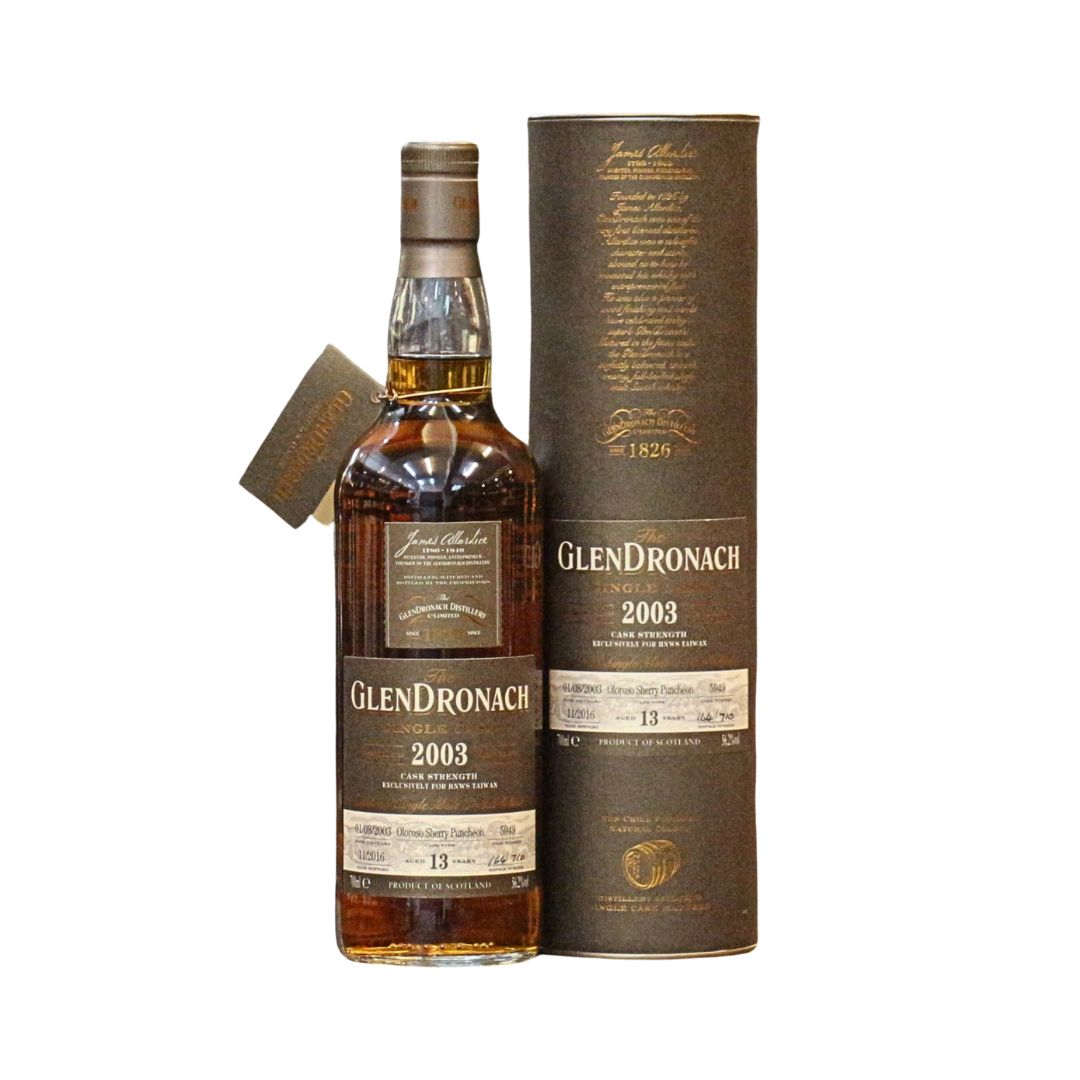 A 2003 Vintage Single Cask #5949 special bottling from the GlenDronach distillery, matured for 13 years in an Oloroso Sherry Puncheon Cask for the Taiwan market and bottled at an impressive 56.2% ABV.