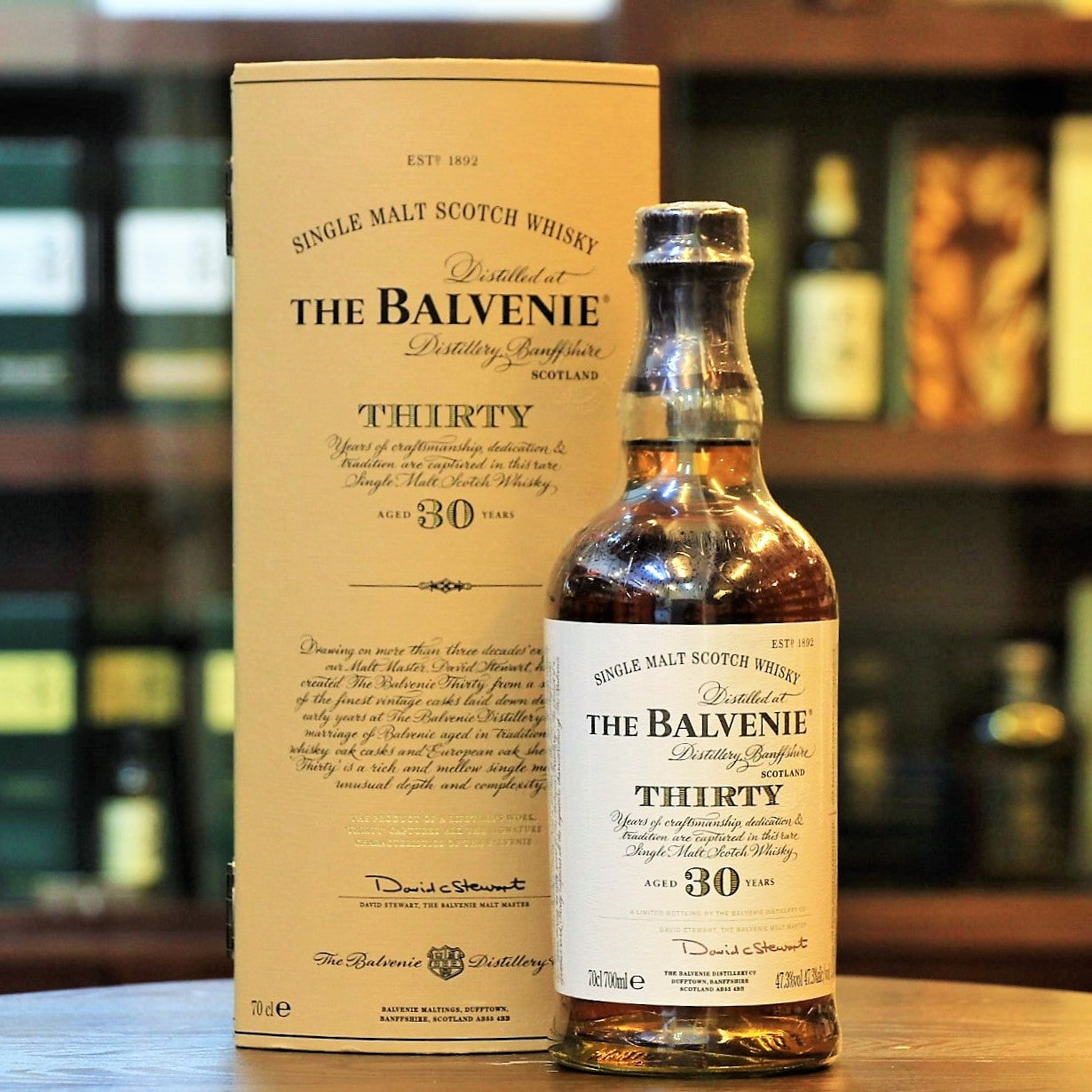 Balvenie 30 year old, old bottle, Speyside Single Malt crafted by malt master David Stewart, 47.3% ABV, 700ml