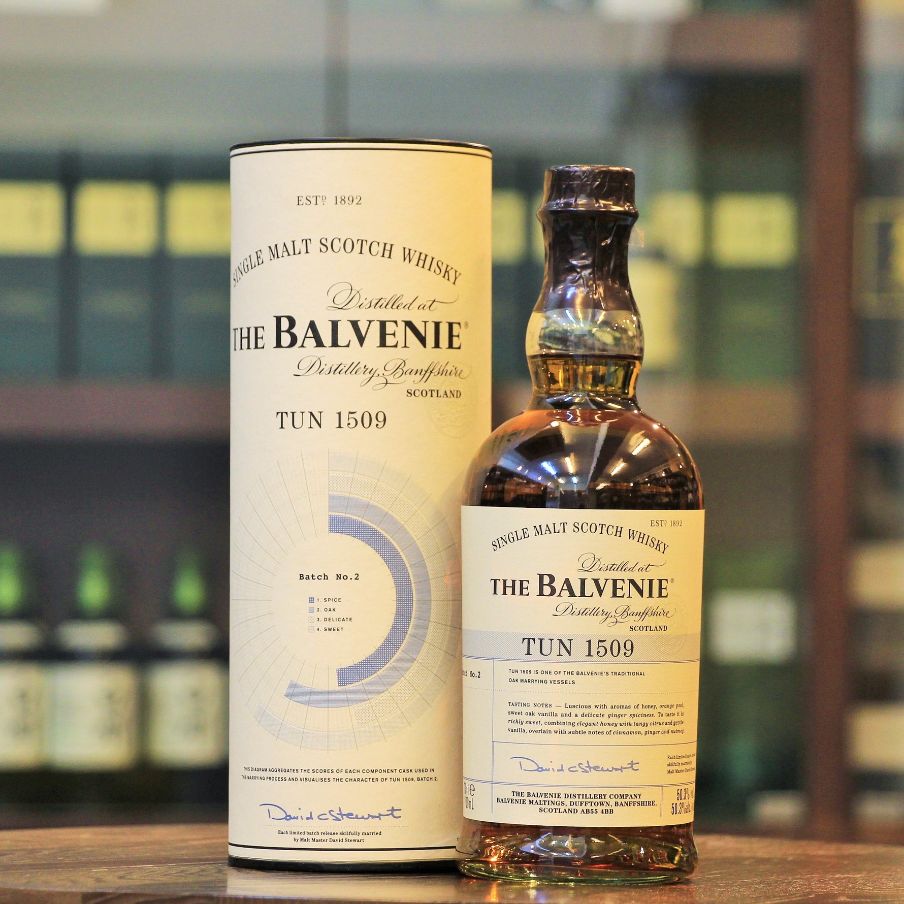 TUN 1509 is one of Balvenie's tradtional oak vatting/marrying vessels with a capacity of 8000L. The size of these TUNs allowed Malt Master David C. Stewart MBE (with over 50 years of experience) and who possesses an unequalled knowledge of The Balvenie to hand-select a variety of vintage casks and marry them in Tun 1509, housed in Warehouse 24. Three months of vatting then results in this exceptionally complex and rare single malt Scotch whisky, rated 5 Stars (90 points) by Whiskyfun.