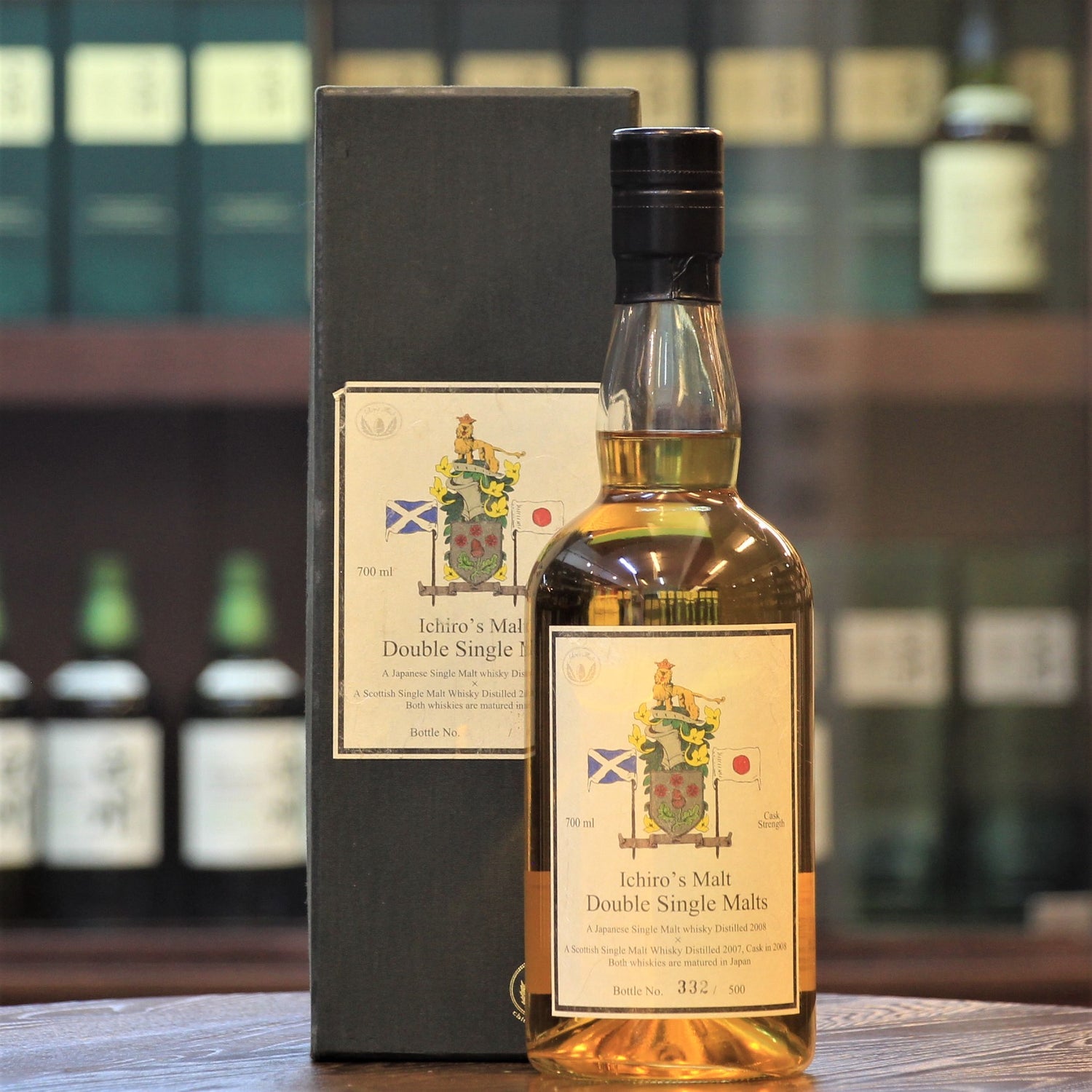 As its name suggests, Ichiro's Malt Double Single Malts is a vatting of two types of single malt whisky: A Japanese Single Malt Whisky distilled in 2008 and A Scottish Single Malt Whisky distilled in 2007. In the cask in 2008, both whiskies were matured in Japan. Bottled at cask strength ABV of 62%, only 500 bottles were released. This bottle is 