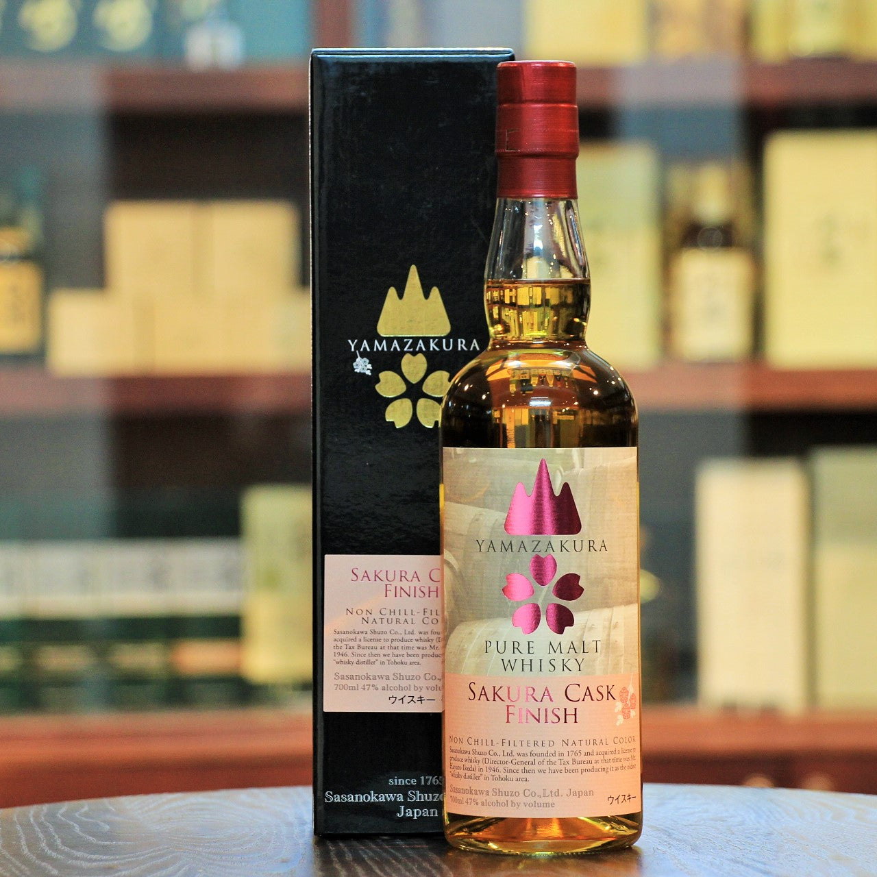 Yamazakura Pure Malt Whisky Sakura Cask Finish, Matured in bourbon barrels for about 6 years and a further finishing in Sakura (Cherry Blossom Tree) Casks for about 1 year, only 300 bottles were released.